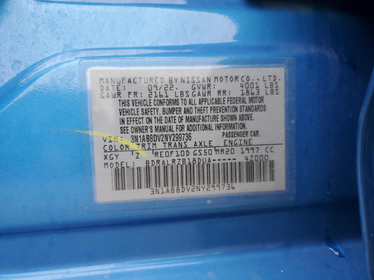 2022 NISSAN SENTRA SR VIN:3N1AB8DV2NY299736