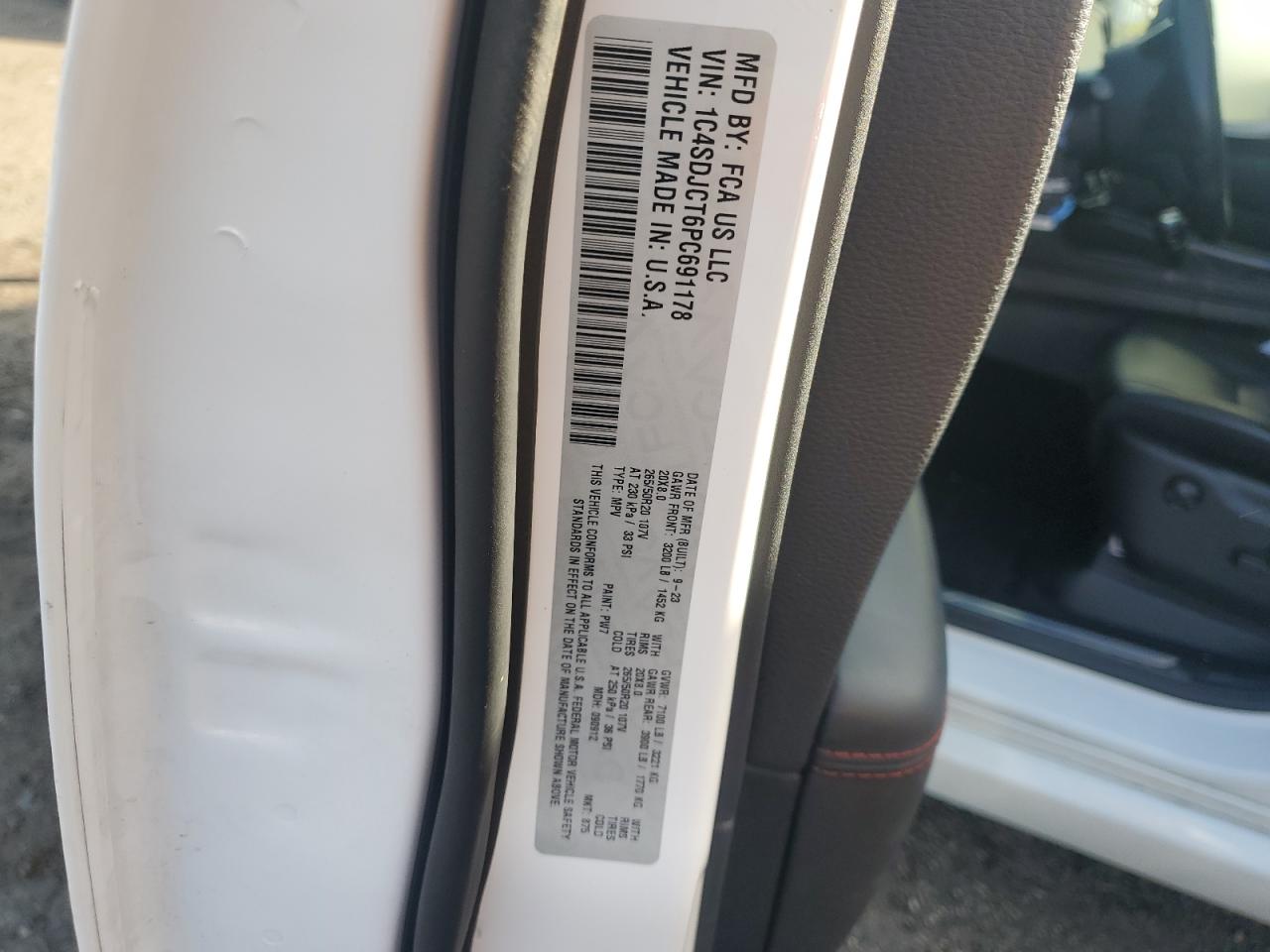 2023 DODGE DURANGO R/T VIN:1C4SDJCT6PC691178