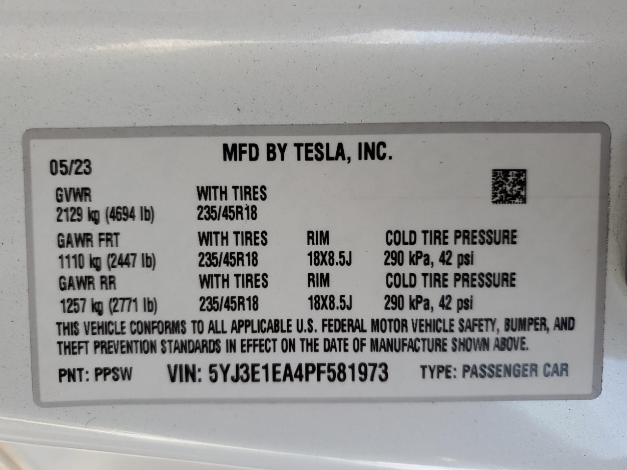 2023 TESLA MODEL 3 VIN:5YJ3E1EA4PF581973