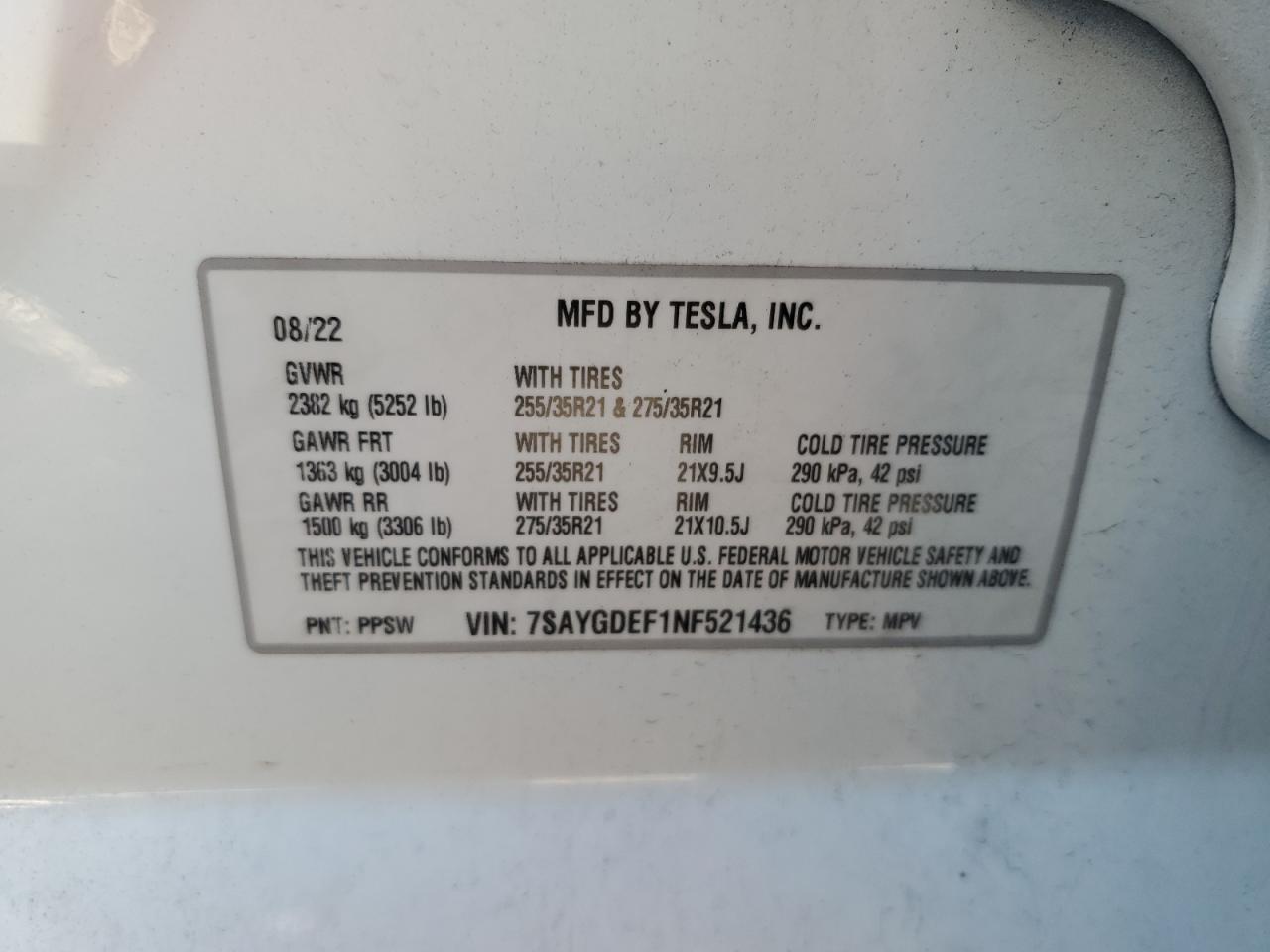 2022 TESLA MODEL Y VIN:7SAYGDEF1NF521436