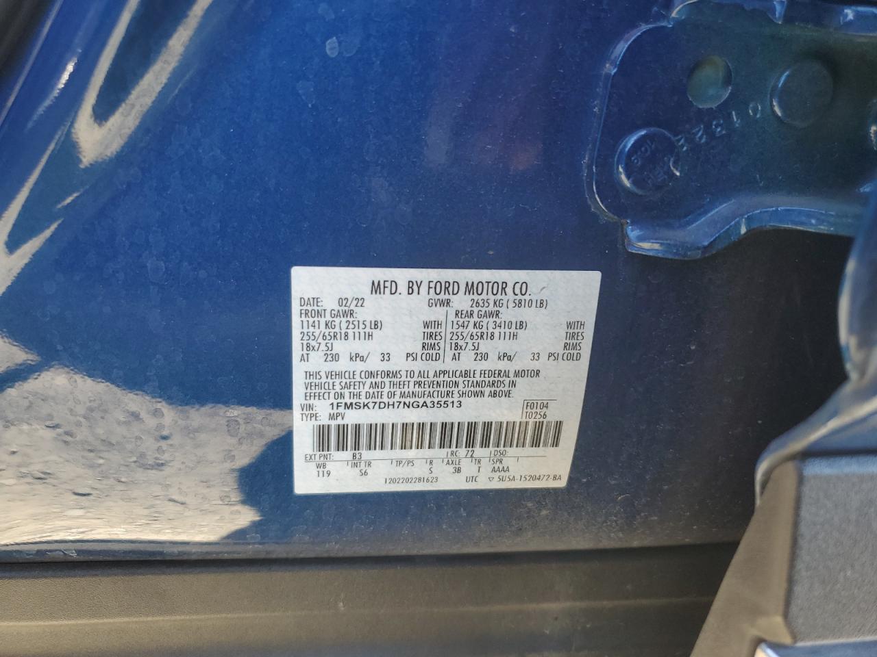 2022 FORD EXPLORER XLT VIN:1FMSK7DH7NGA35513