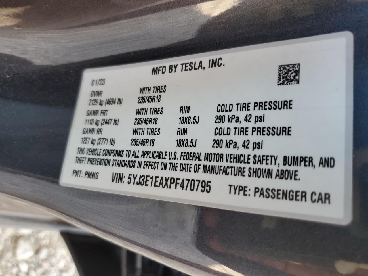 2023 TESLA MODEL 3 VIN:5YJ3E1EAXPF470795
