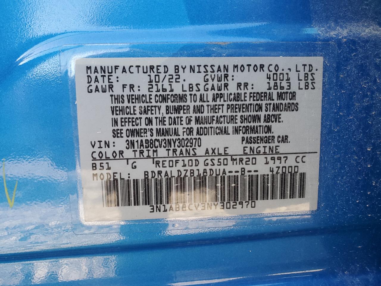 2022 NISSAN SENTRA SV VIN:3N1AB8CV3NY302970