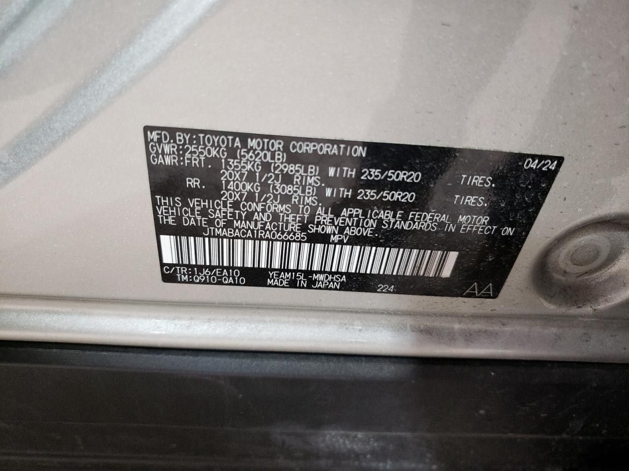 2024 TOYOTA BZ4X XLE VIN:JTMABACA1RA066685