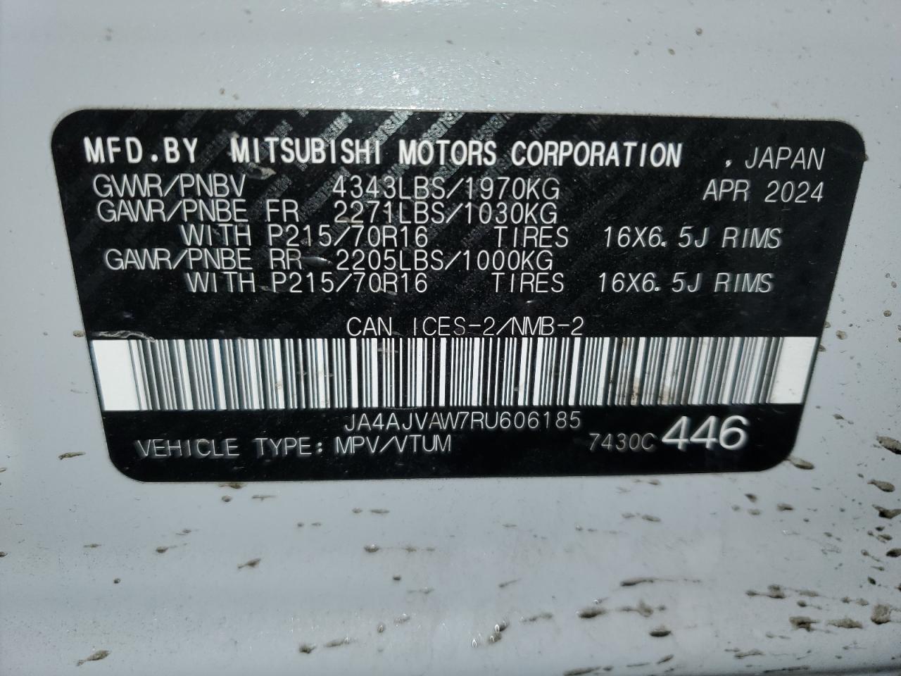 2024 MITSUBISHI RVR SE VIN:JA4AJVAW7RU606185