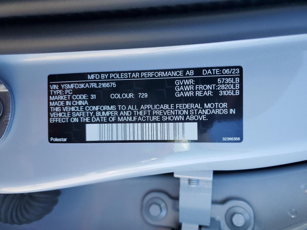 2024 POLESTAR 2 VIN:YSMFD3KA7RL216675