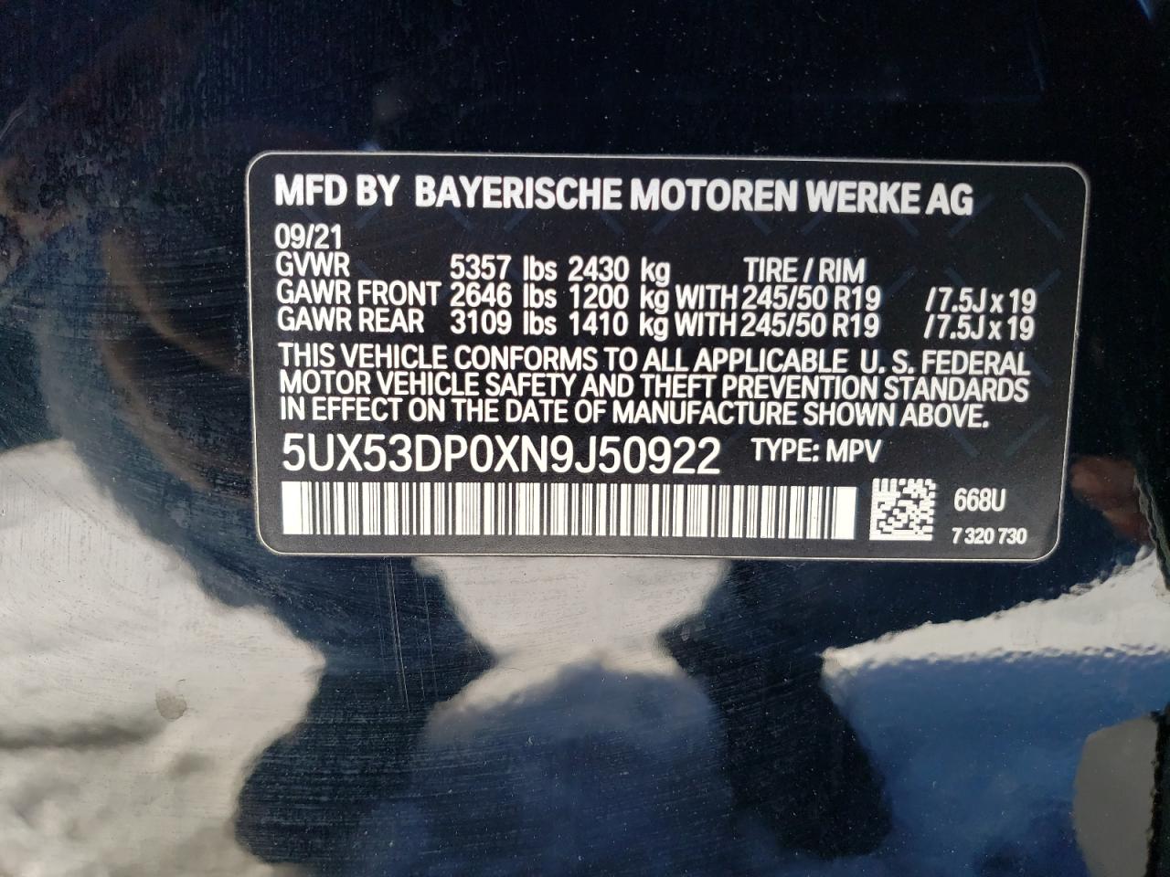 2022 BMW X3 XDRIVE30I VIN:5UX53DP0XN9J50922