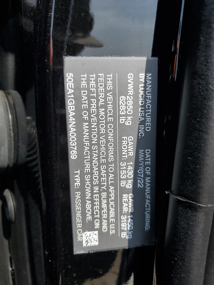 2022 LUCID MOTORS AIR GRAND TOURING VIN:WP0AA2A8XNS255297