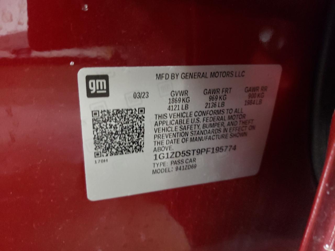 2023 CHEVROLET MALIBU LT VIN:1G1ZD5ST9PF195774