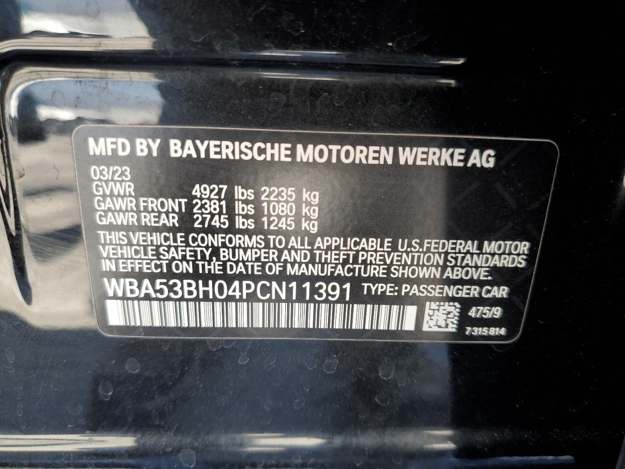 2023 BMW 530 I VIN:WBA53BH04PCN11391