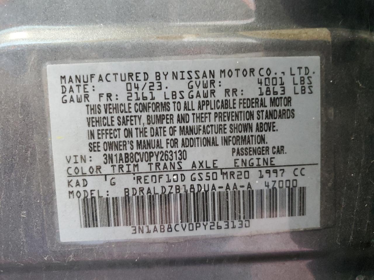 2023 NISSAN SENTRA SV VIN:3N1AB8CV0PY263130