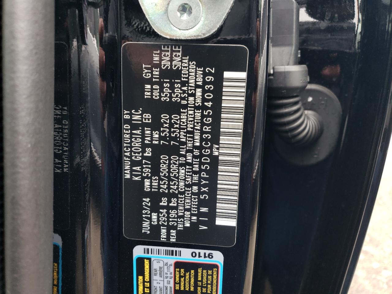 2024 KIA TELLURIDE SX VIN:5XYP5DGC3RG540392