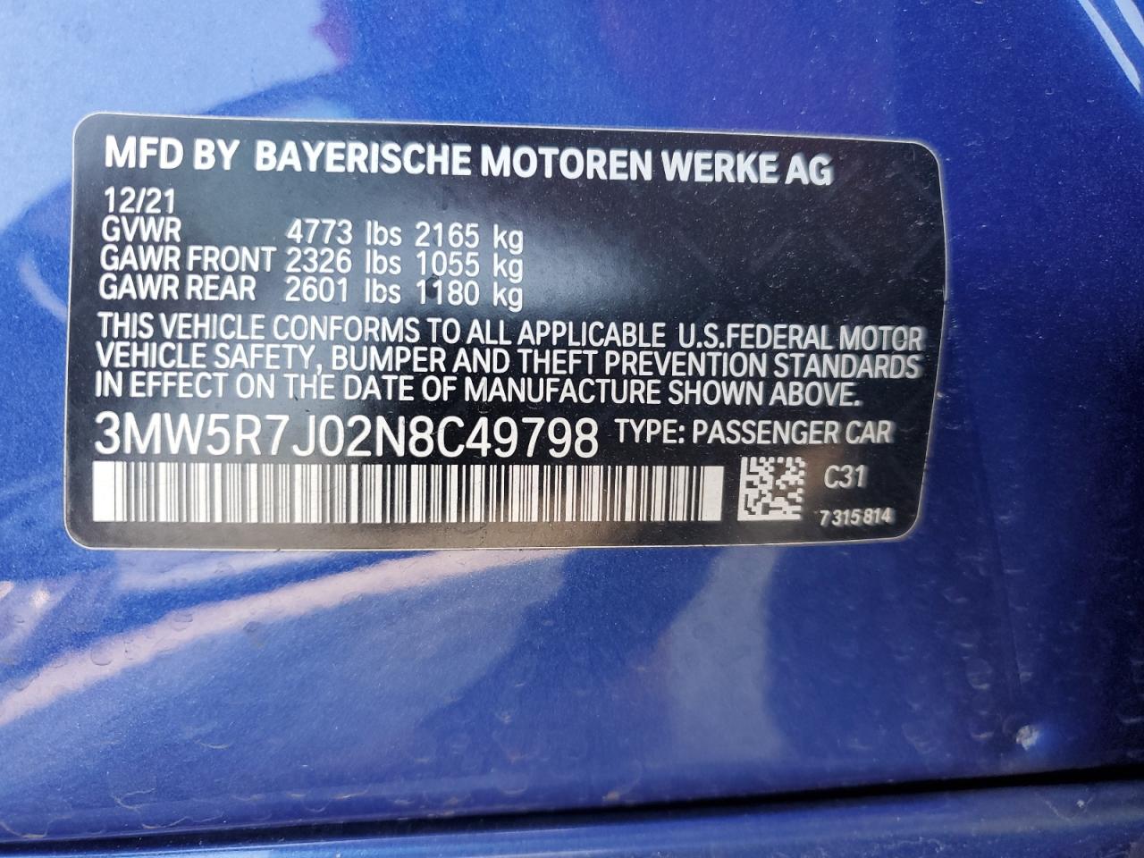 2022 BMW 330XI VIN:3MW5R7J02N8C49798