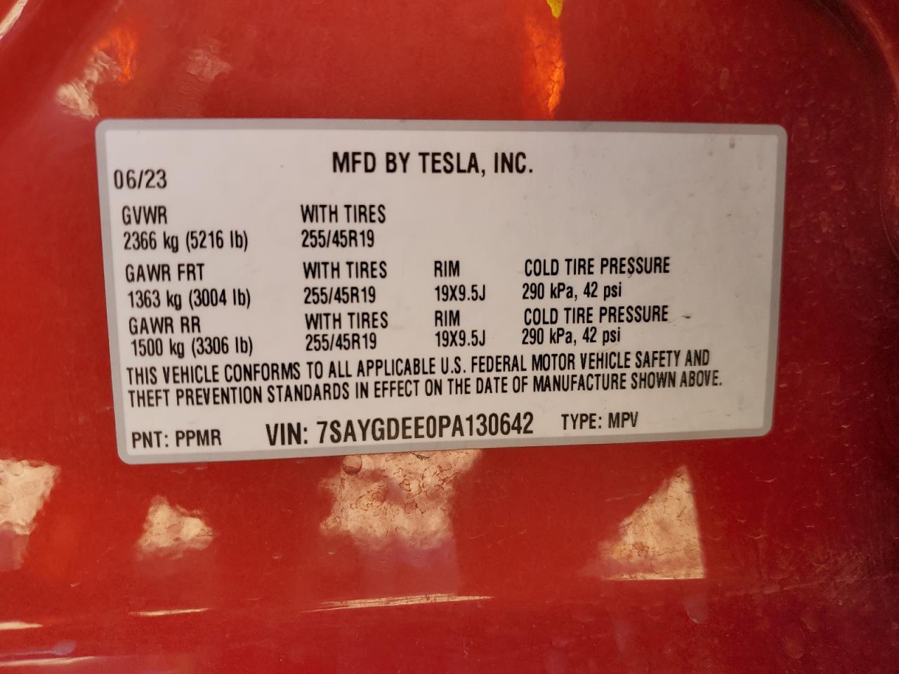 2023 TESLA MODEL Y VIN:7SAYGDEE0PA130642