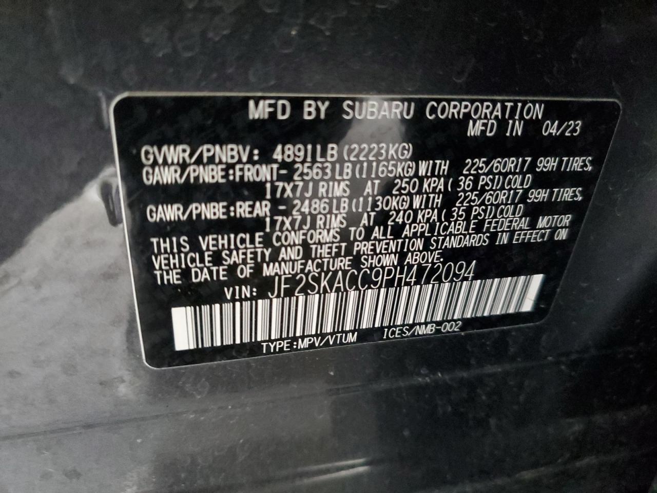 2023 SUBARU FORESTER VIN:KM8J23A44LU177323