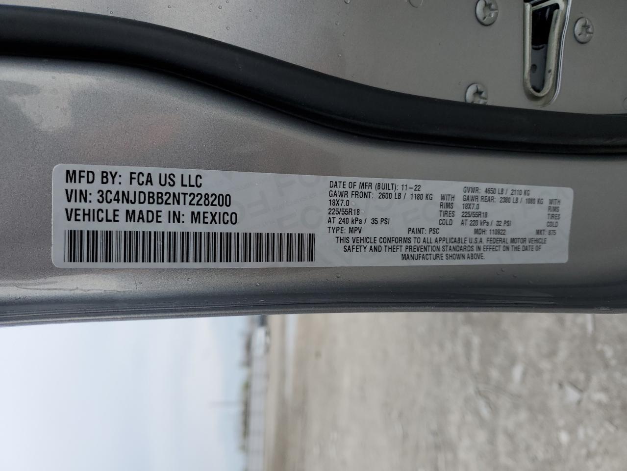 2022 JEEP COMPASS LATITUDE VIN:3C4NJDBB2NT228200