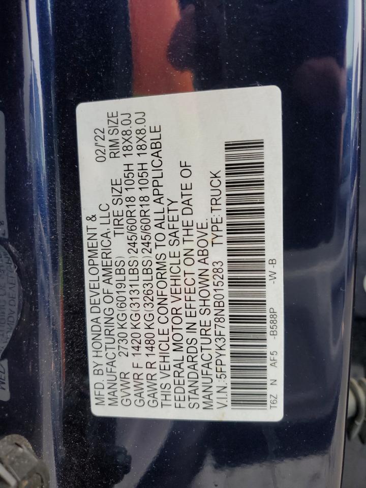 2022 HONDA RIDGELINE RTL VIN:5FPYK3F78NB015283
