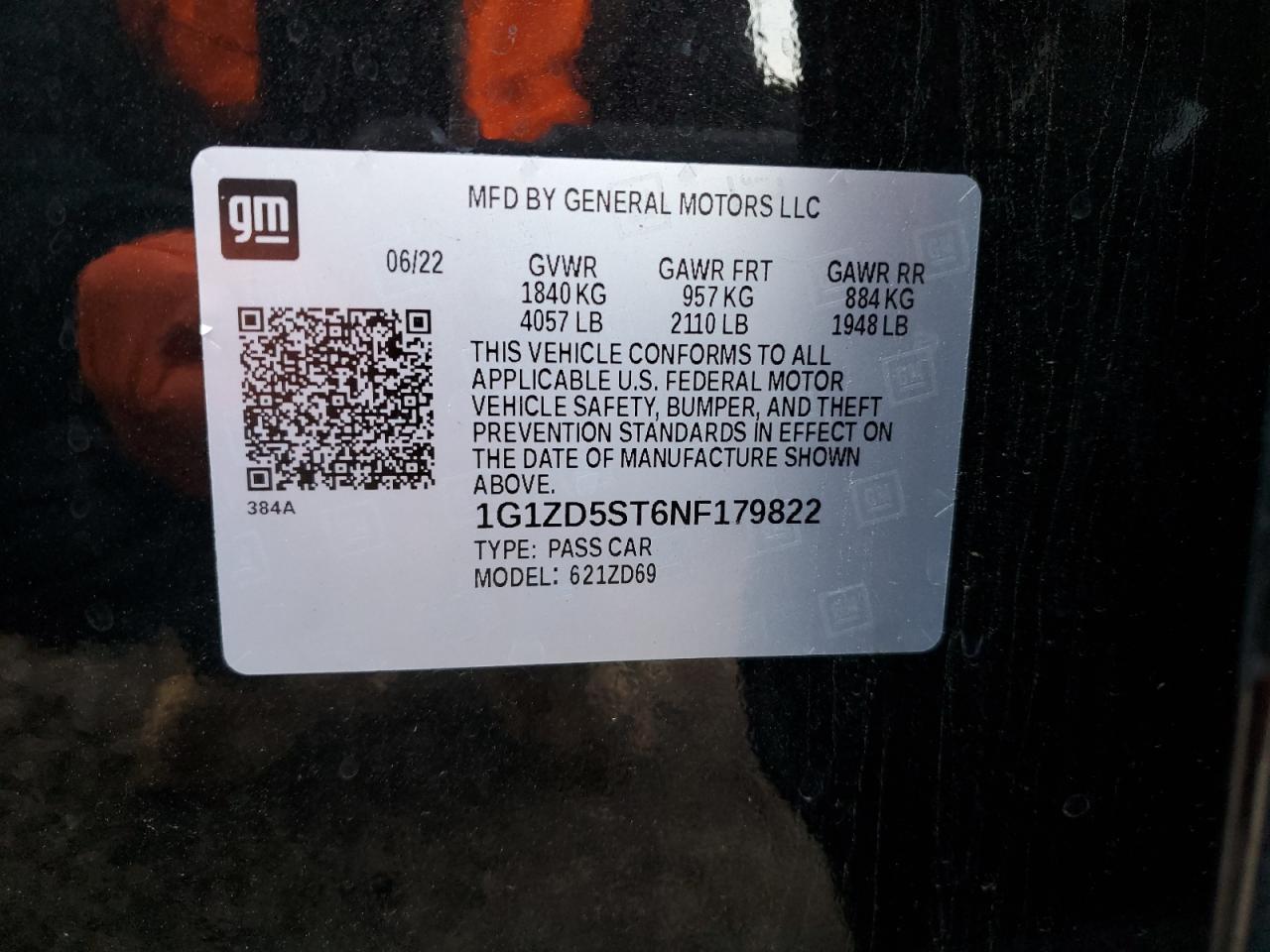 2022 CHEVROLET MALIBU LT VIN:1G1ZD5ST6NF179822