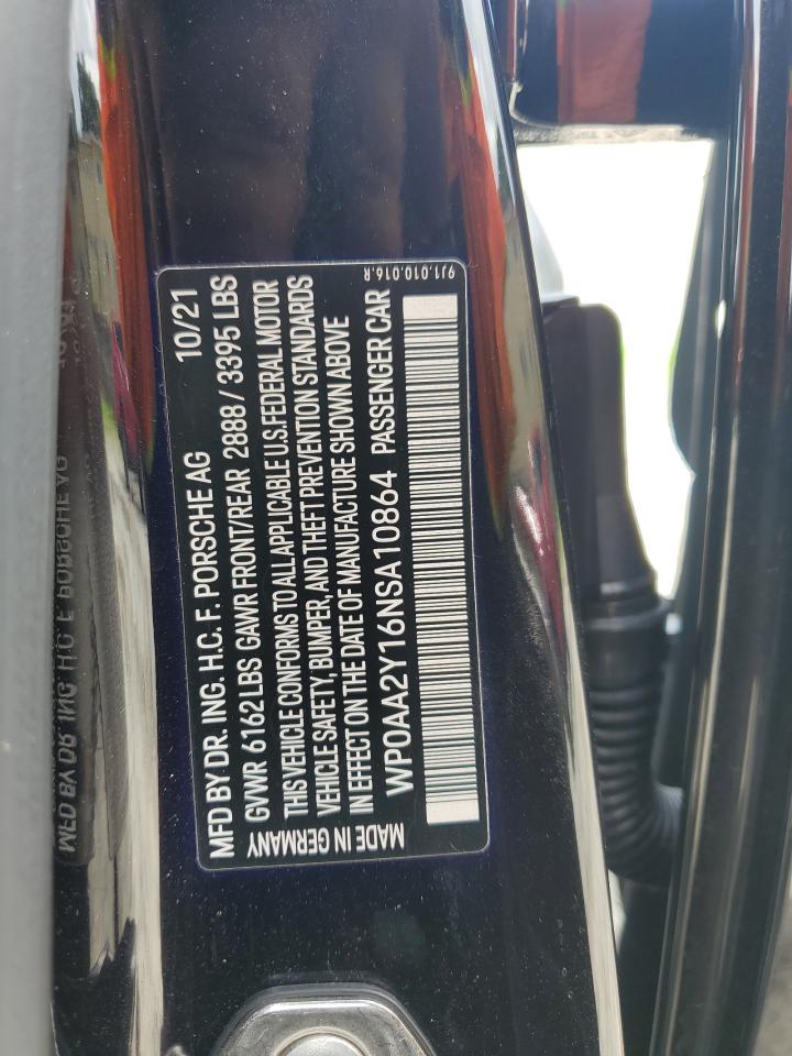 2022 PORSCHE TAYCAN VIN:WP0AA2Y16NSA10864