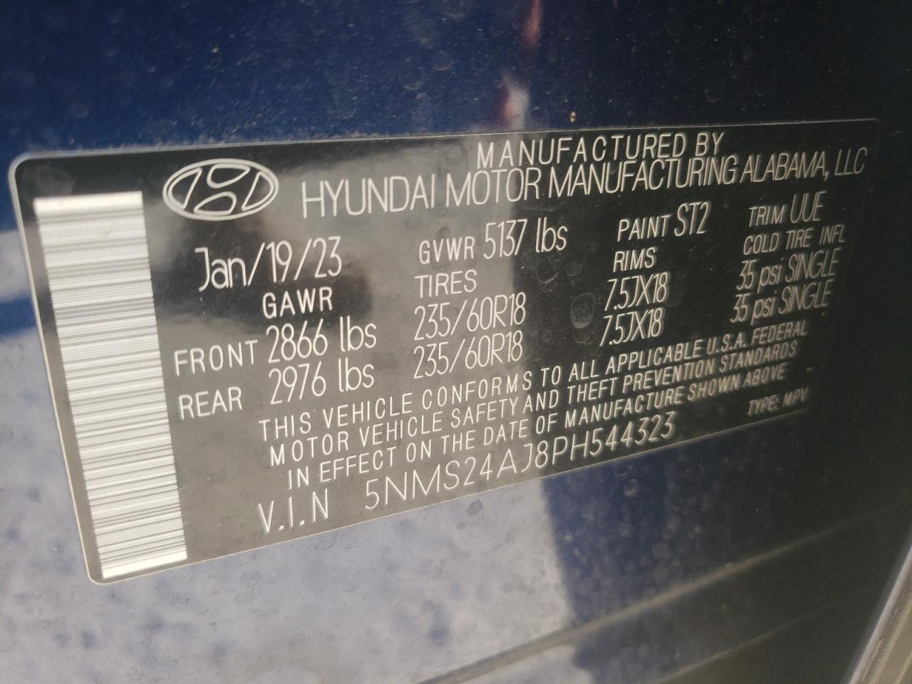 2023 HYUNDAI SANTA FE SEL VIN:5NMS24AJ8PH544323