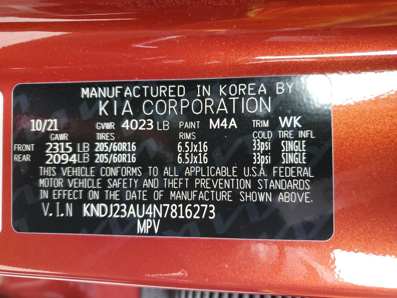 2022 KIA SOUL LX VIN:KNDJ23AU4N7816273