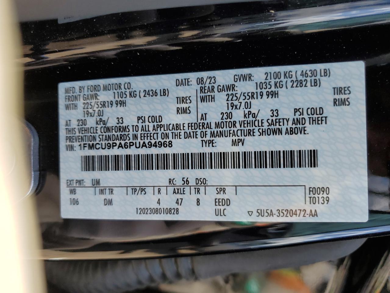 2023 FORD ESCAPE ST LINE ELITE VIN:1FMCU9PA6PUA94968