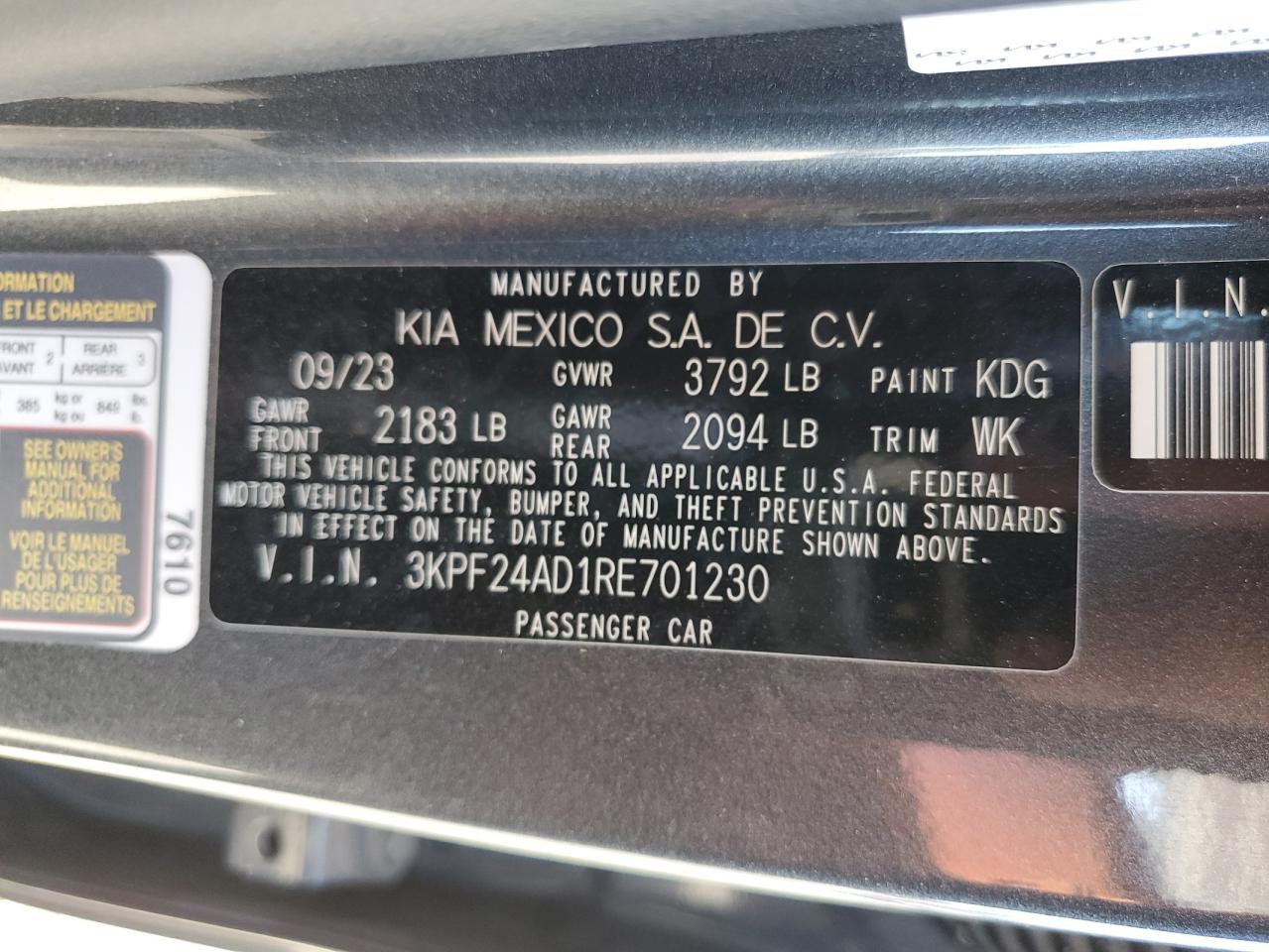 2024 KIA FORTE LX VIN:3KPF24AD1RE701230