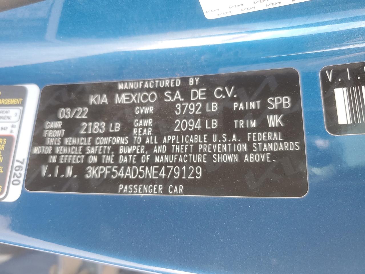 2022 KIA FORTE GT LINE VIN:3KPF54AD5NE479129