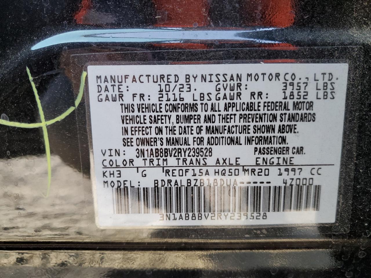 2024 NISSAN SENTRA S VIN:3N1AB8BV2RY239528