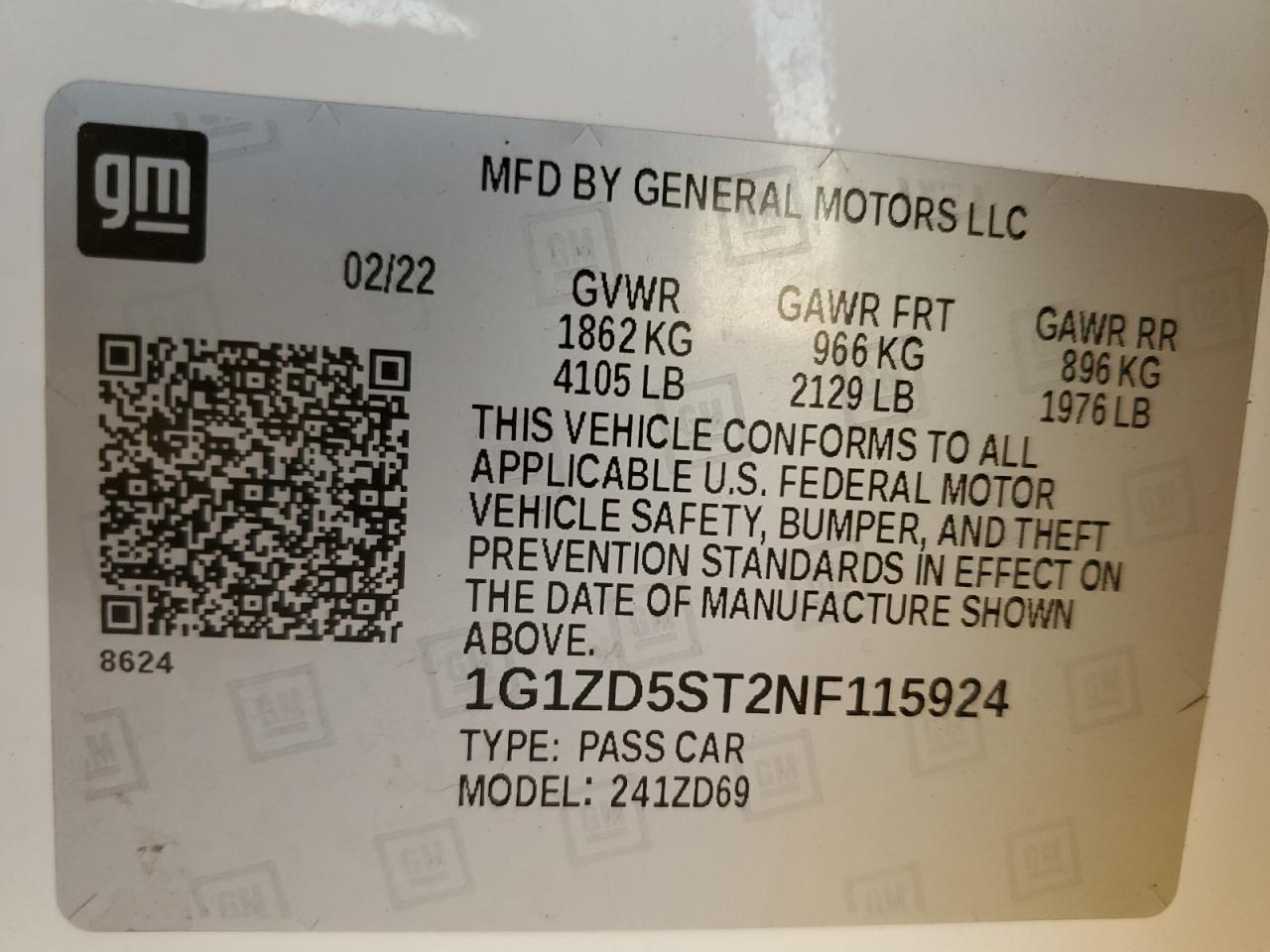 2022 CHEVROLET MALIBU LT VIN:1G1ZD5ST2NF115924