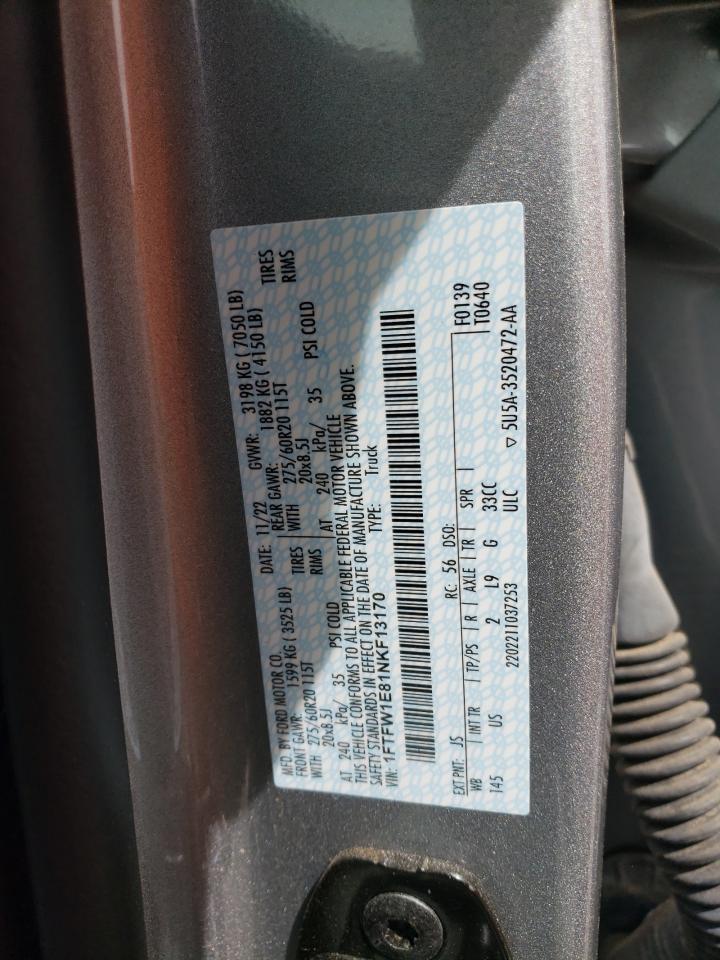 2022 FORD F150 SUPERCREW VIN:1FTFW1E81NKF13170