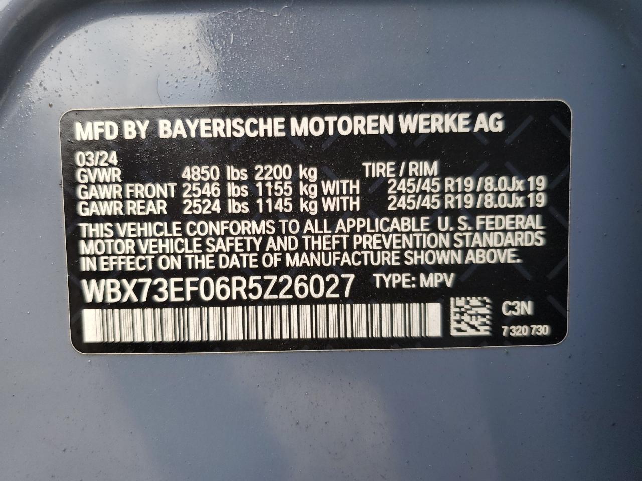 2024 BMW X1 XDRIVE28I VIN:WBX73EF06R5Z26027