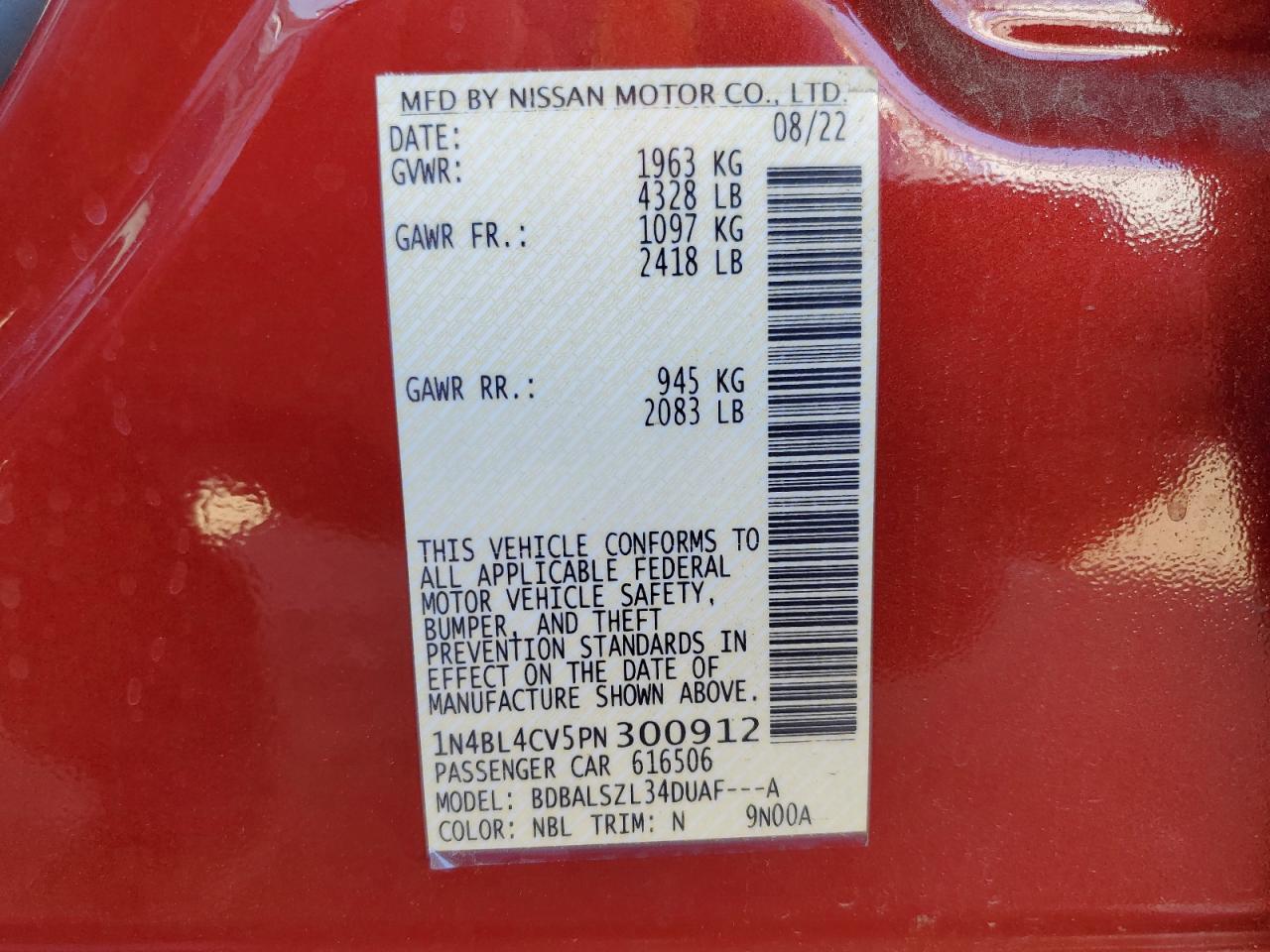 2023 NISSAN ALTIMA SR VIN:1N4BL4CV5PN300912