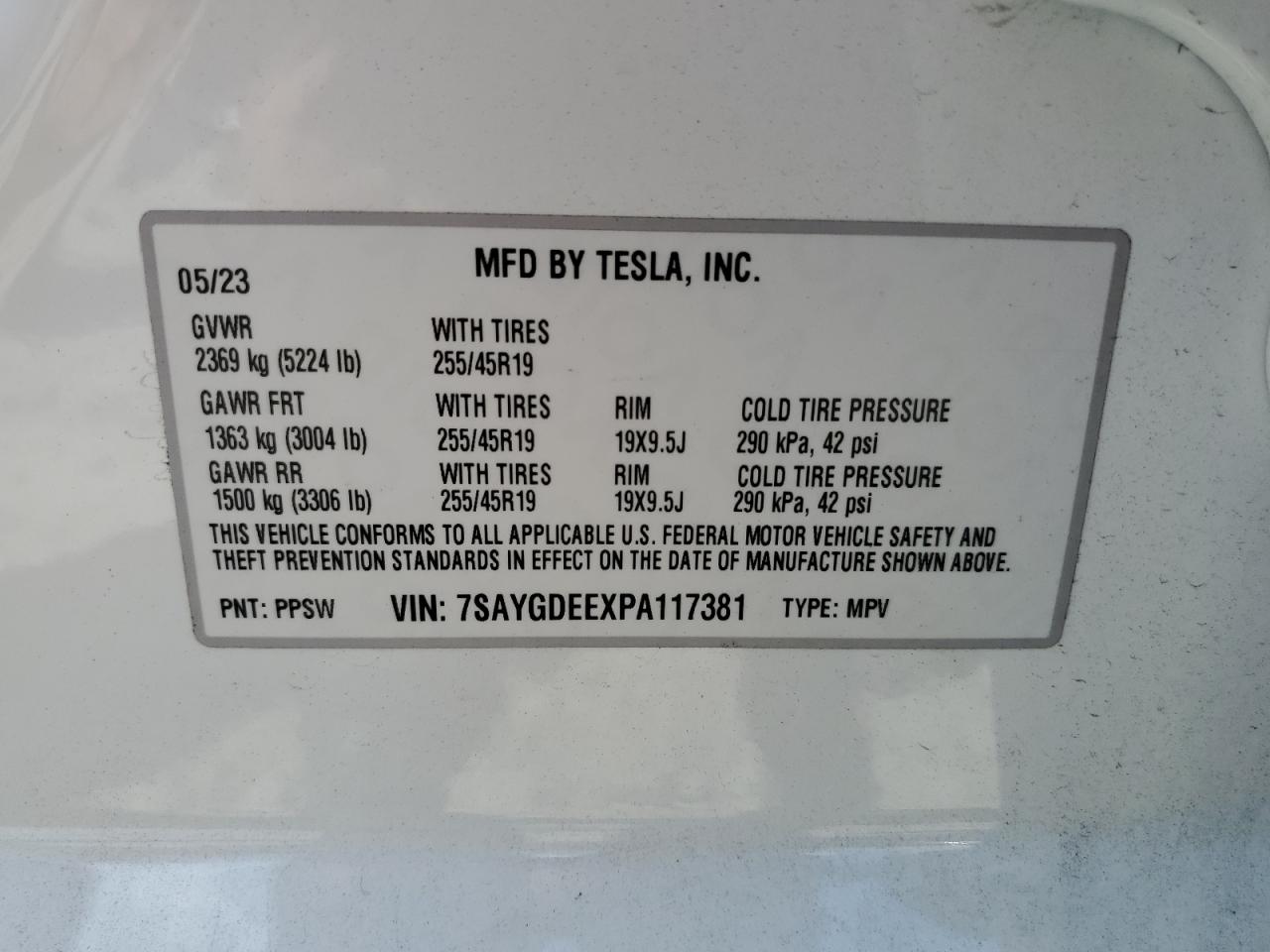 2023 TESLA MODEL Y VIN:7SAYGDEEXPA117381