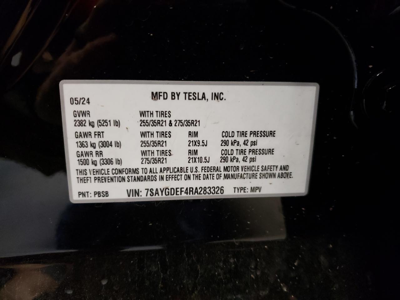 2024 TESLA MODEL Y VIN:7SAYGDEF4RA283326