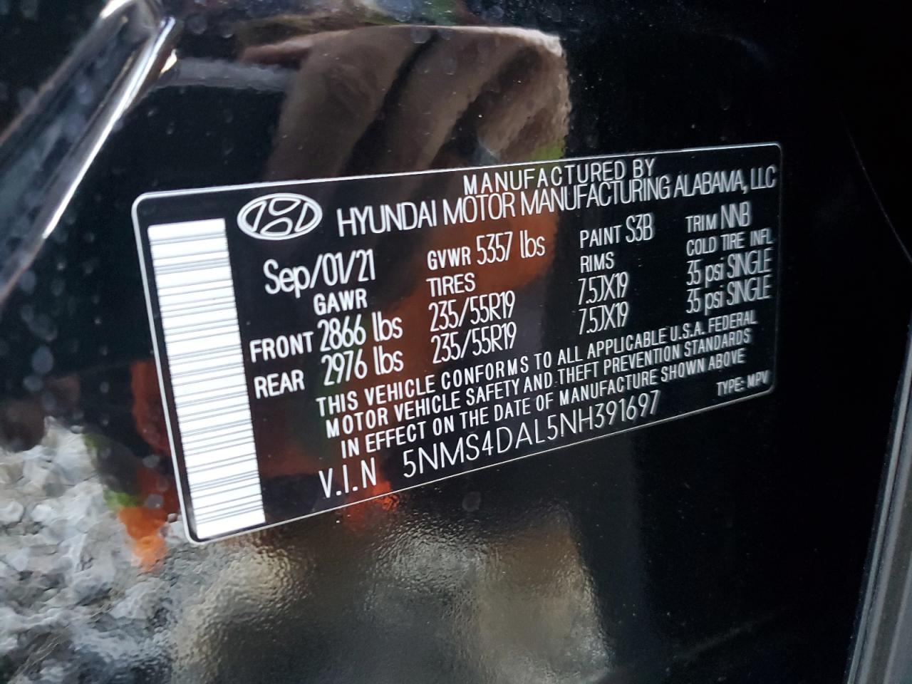 2022 HYUNDAI SANTA FE LIMITED VIN:5NMS4DAL5NH391697