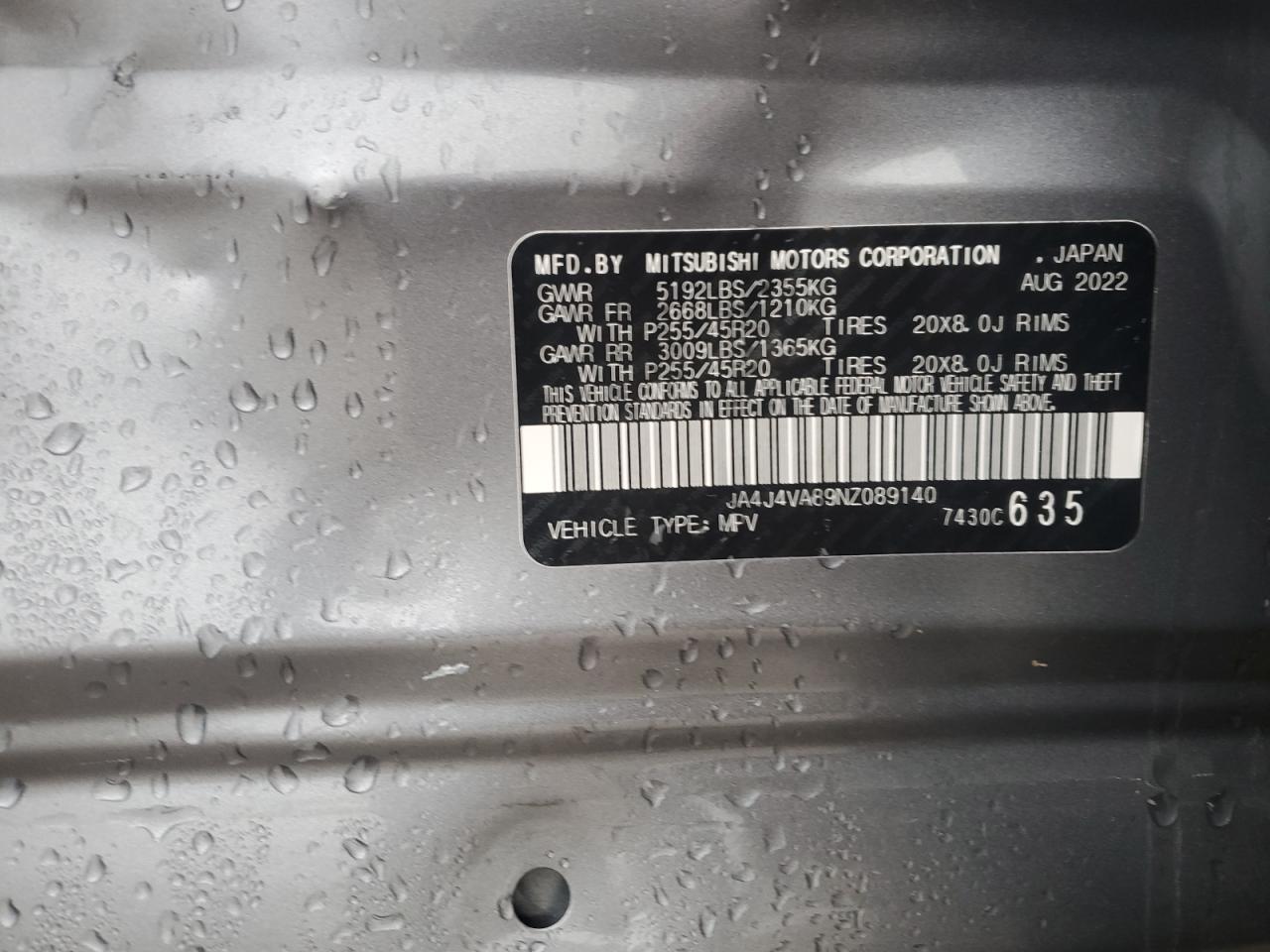 2022 MITSUBISHI OUTLANDER SEL VIN:JA4J4VA89NZ089140