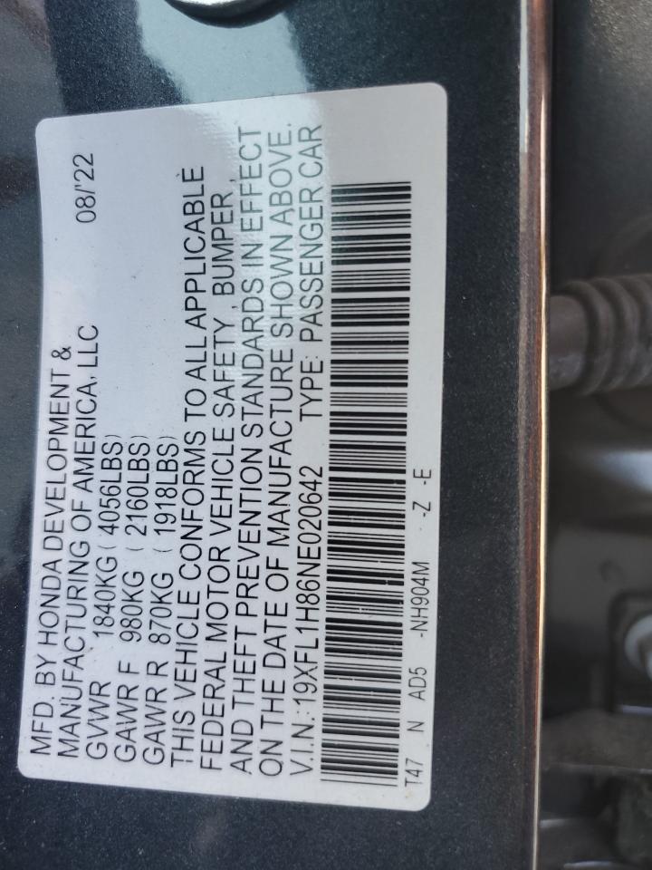 2022 HONDA CIVIC SPORT TOURING VIN:19XFL1H86NE020642