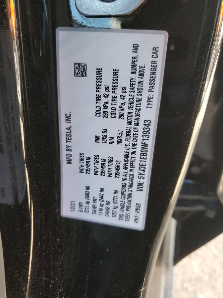 2022 TESLA MODEL 3 VIN:5YJ3E1EB0NF139343