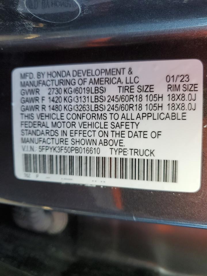 2023 HONDA RIDGELINE RTL VIN:XFPYK3F50PB016610