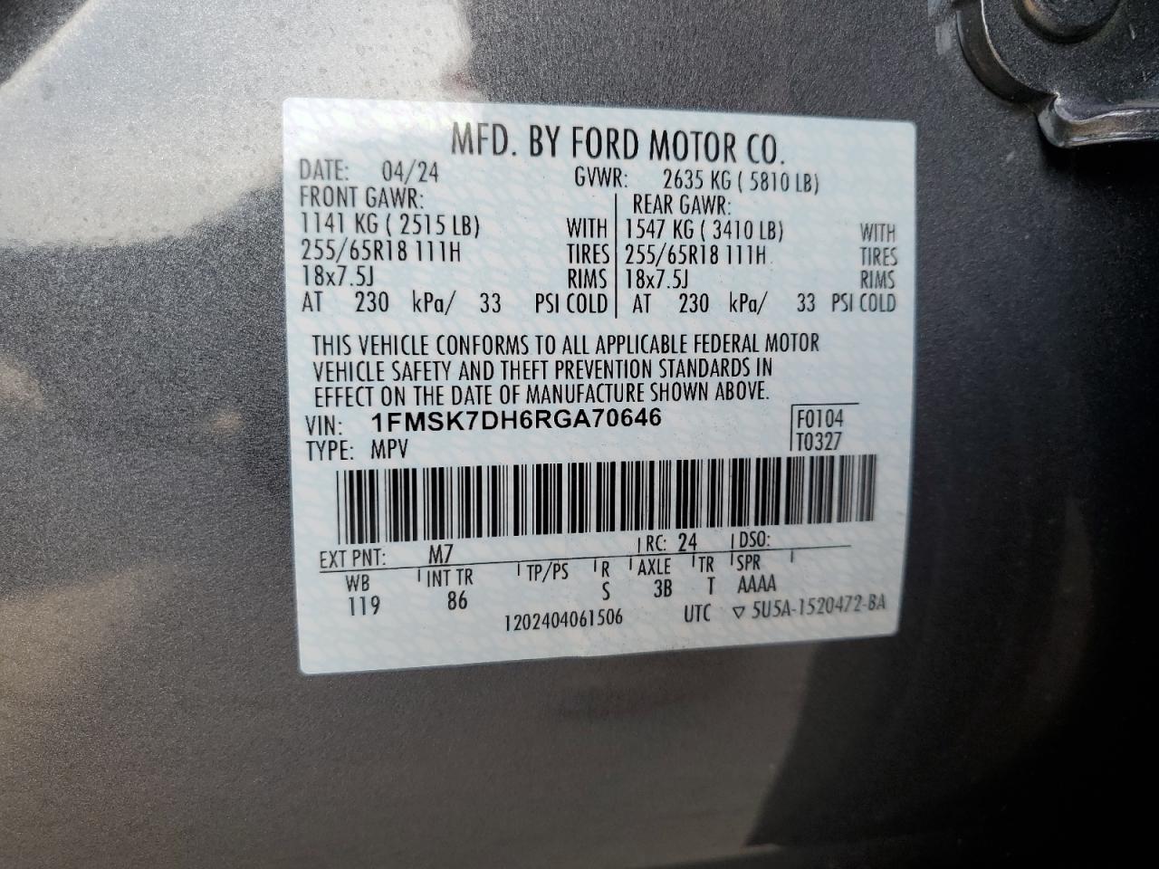 2024 FORD EXPLORER XLT VIN:1FMSK7DH6RGA70646