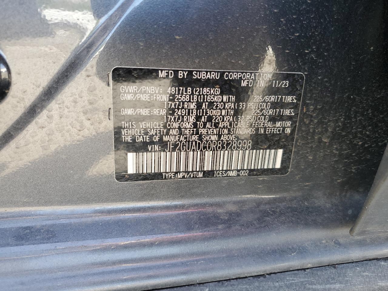 2024 SUBARU CROSSTREK PREMIUM VIN:JF2GUADC0R8328998