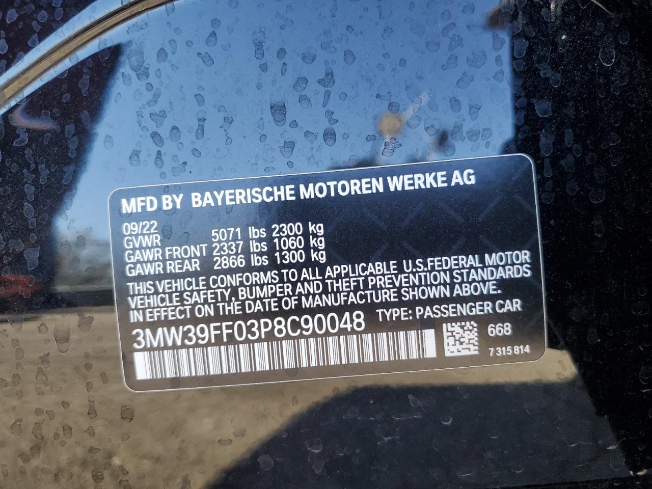 2023 BMW 330E VIN:3MW39FF03P8C90048