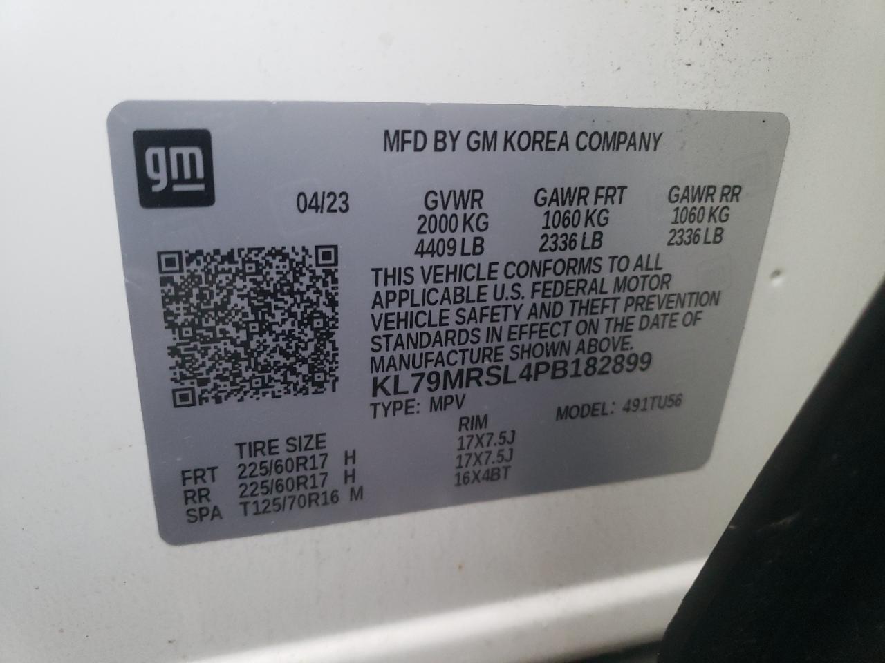 2023 CHEVROLET TRAILBLAZER LT VIN:KL79MRSL4PB182899