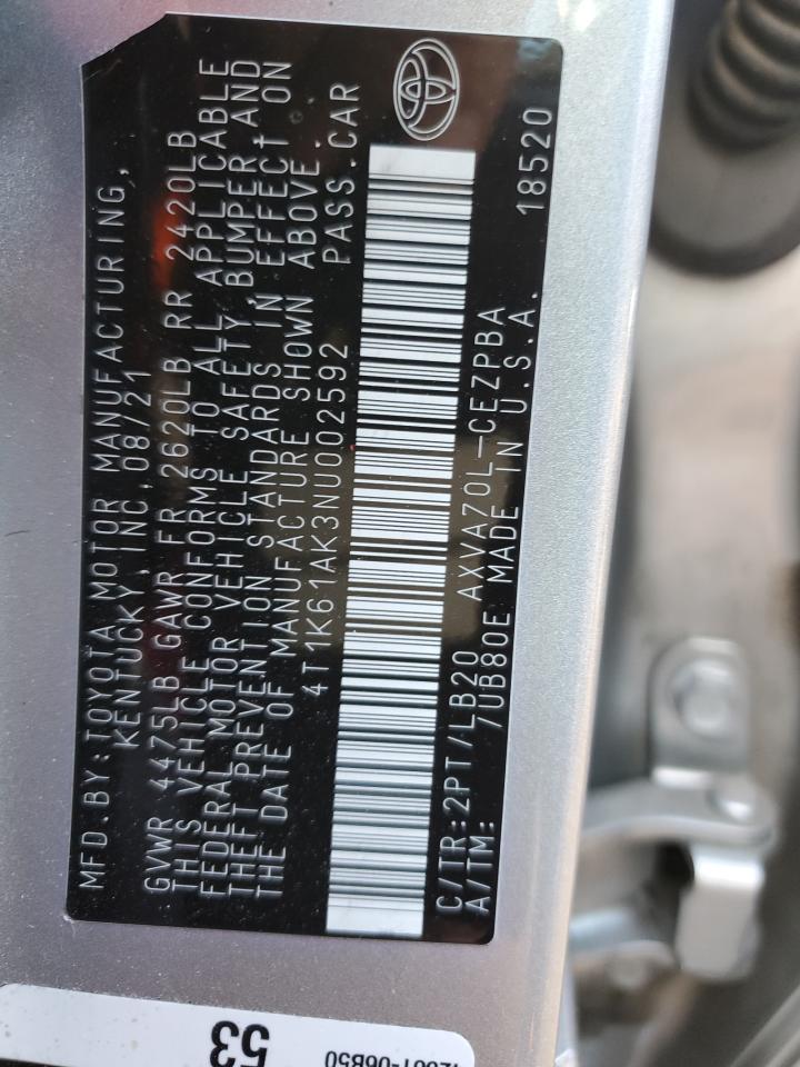 2022 TOYOTA CAMRY XSE VIN:4T1K61AK3NU002592