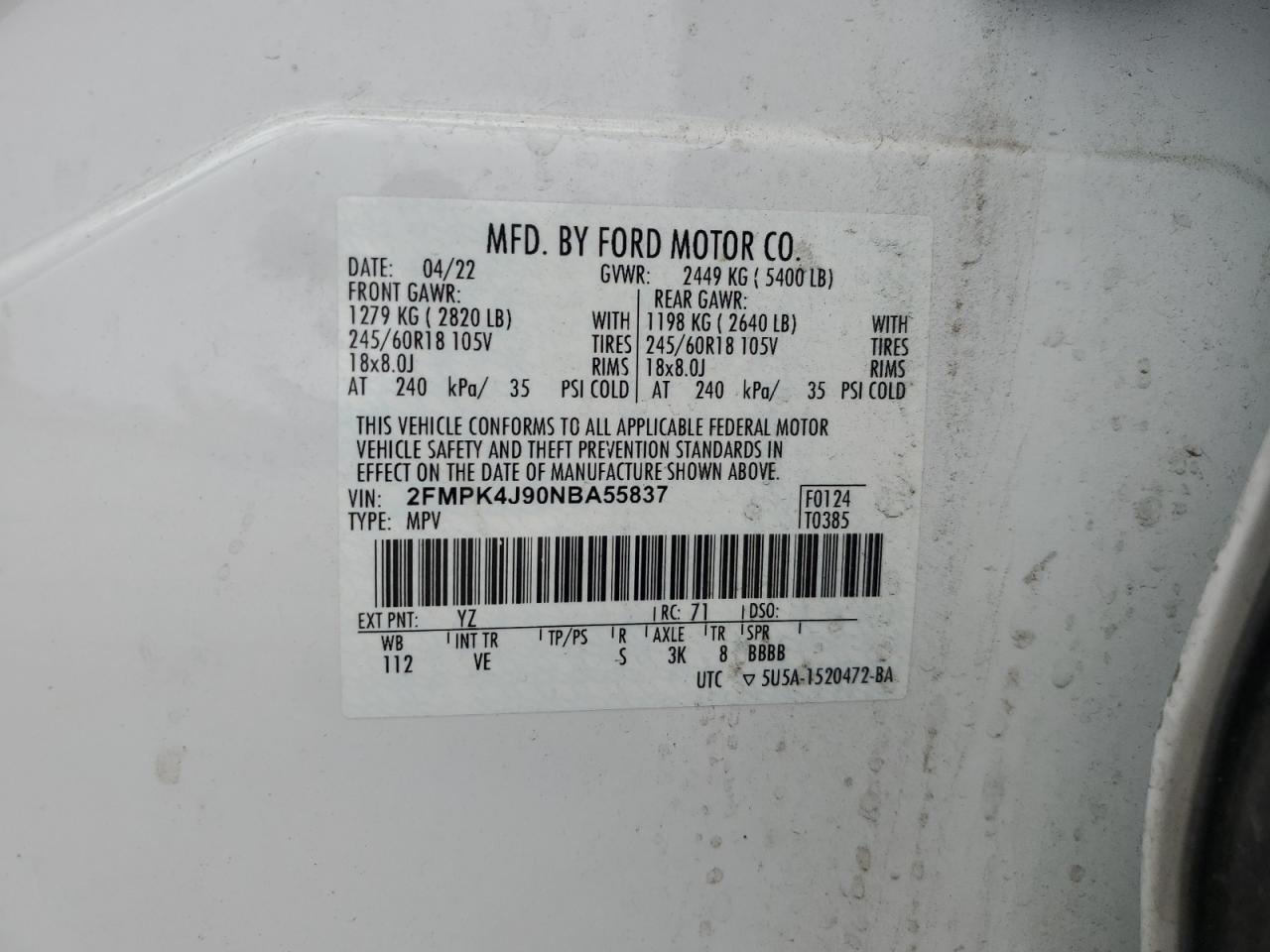 2022 FORD EDGE SEL VIN:2FMPK4J90NBA55837