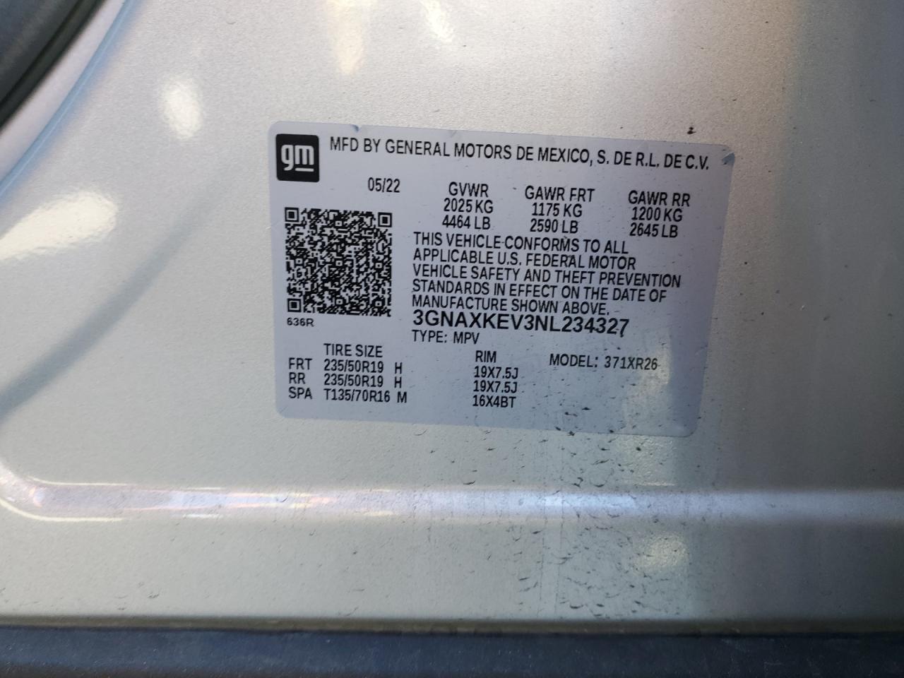 2022 CHEVROLET EQUINOX LT VIN:3GNAXKEV3NL234327