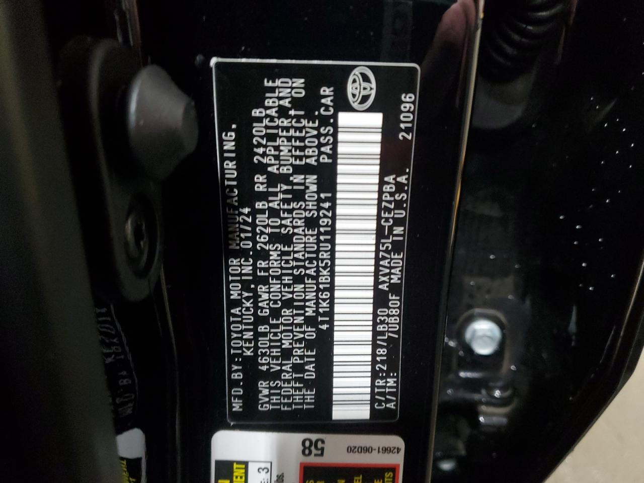 2024 TOYOTA CAMRY XSE VIN:4T1K61BK5RU119241