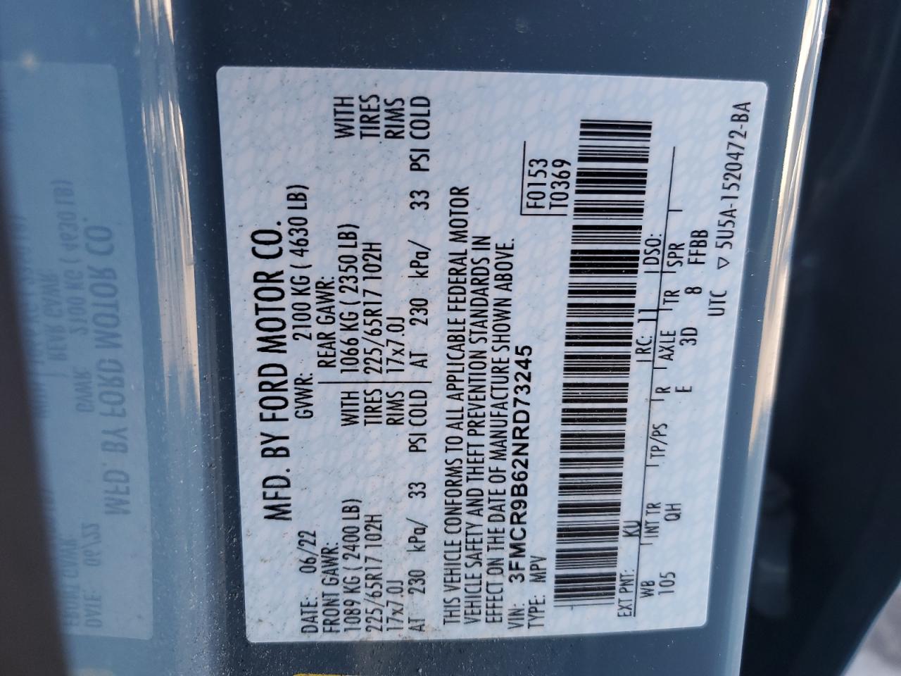 2022 FORD BRONCO SPORT BIG BEND VIN:3FMCR9B62NRD73245