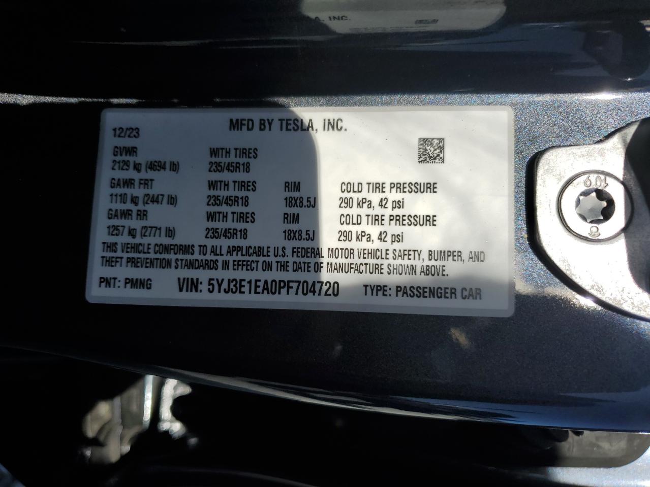 2023 TESLA MODEL 3 VIN:5YJ3E1EA0PF704720